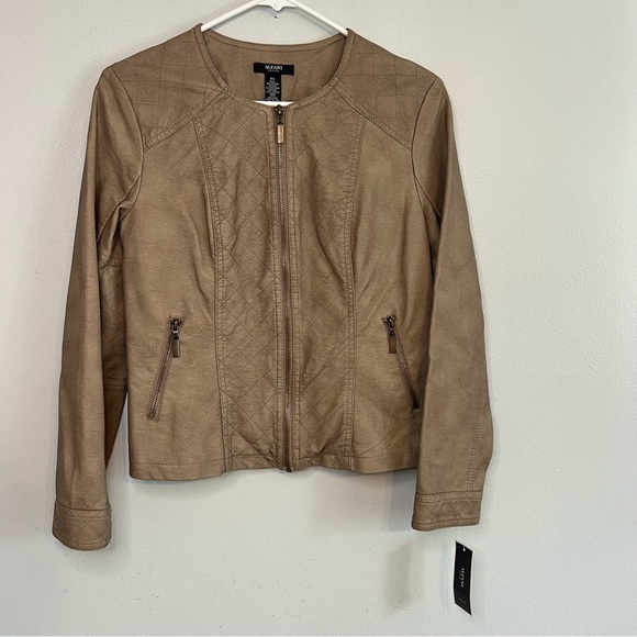 NEW Alfani Womens Faux Leather Jacket Taupe Zip Up Petite Size S Super Soft - Picture 1 of 9